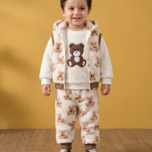 Boys' Cozy Teddy Bear Fleece Vest, Sweatshirt & Trousers Set