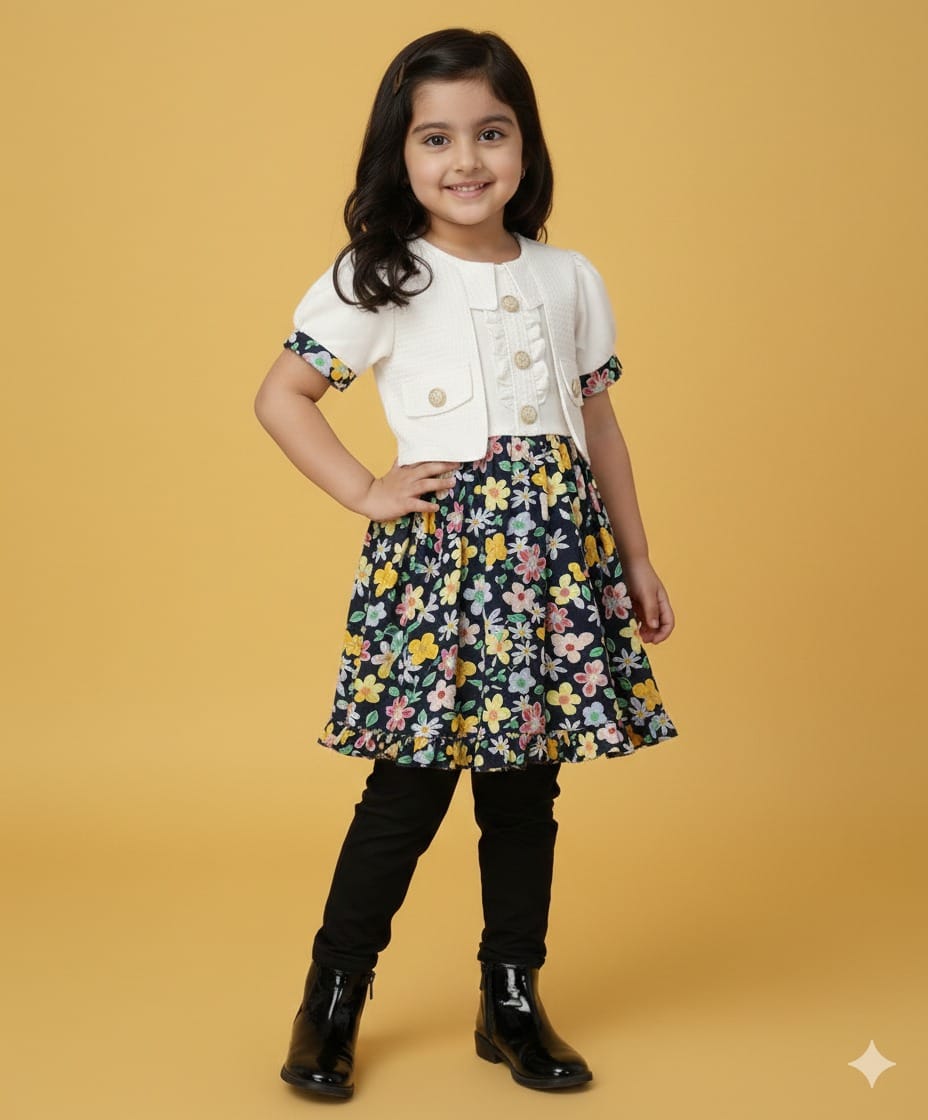 Floral Garden Ruffled Frock with Textured Overlay