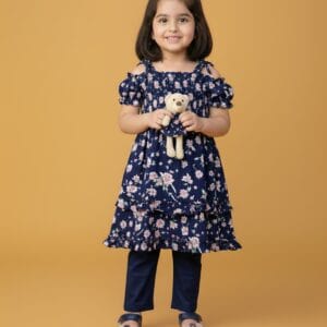 Enchanted Navy Floral Cotton Frock with Mini-Bear