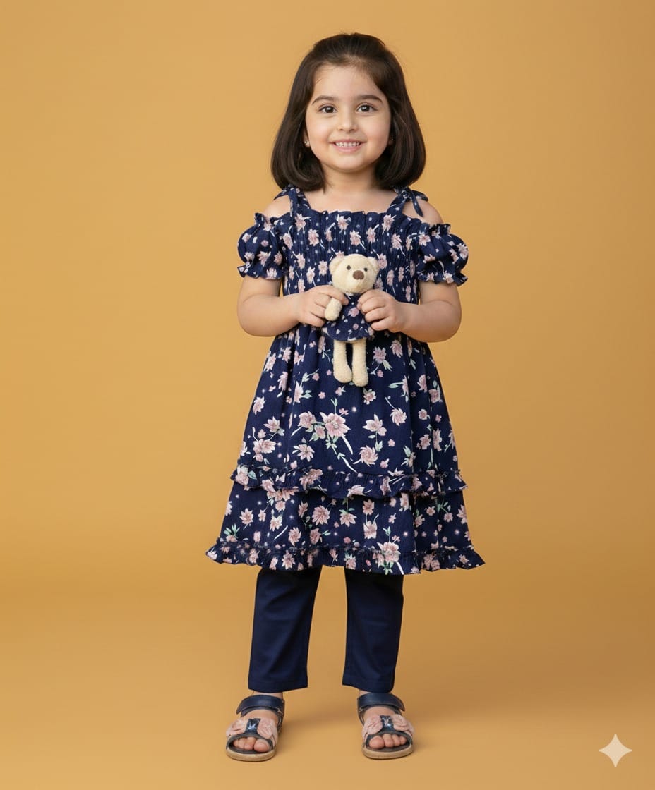 Enchanted Navy Floral Cotton Frock with Mini-Bear