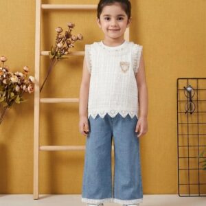 Chic & Sweet: Girls' Textured Pearl Top & Wide-Leg Denim Set