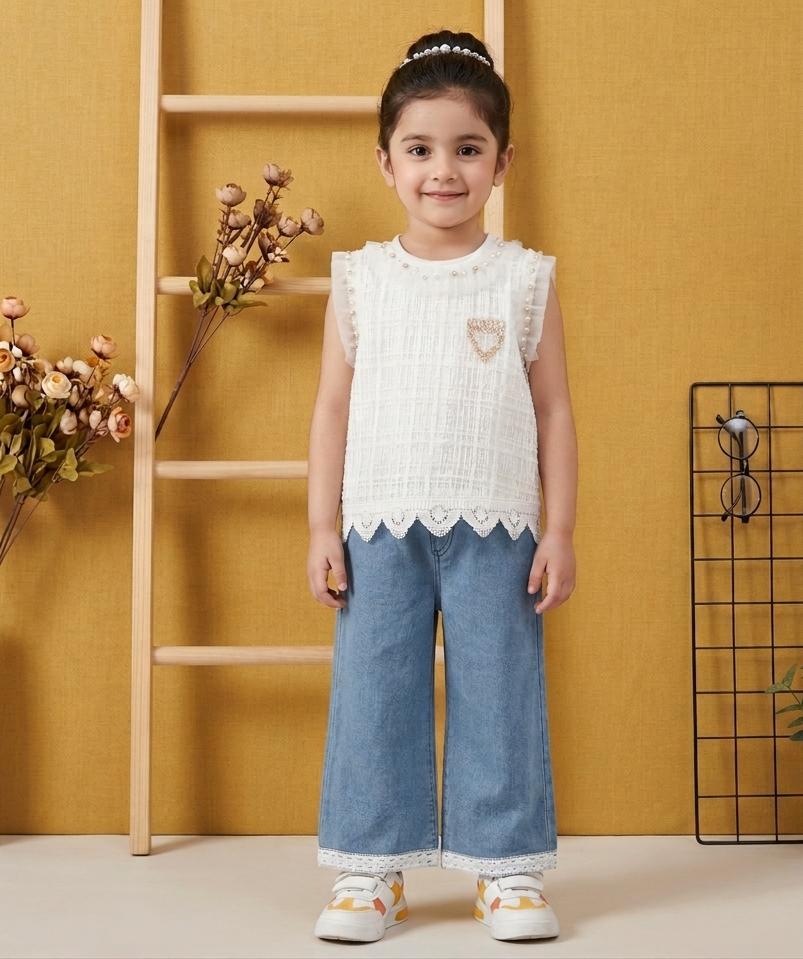 Chic & Sweet: Girls' Textured Pearl Top & Wide-Leg Denim Set