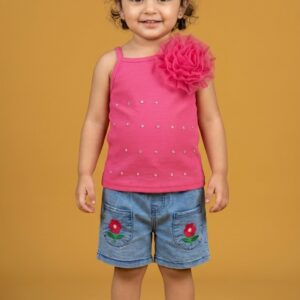 2-Piece Tunic and Shorts Set - Pink & Black Floral & Rhinestone - Ideal for a Toddler Girl Size: 6 months to 4 years