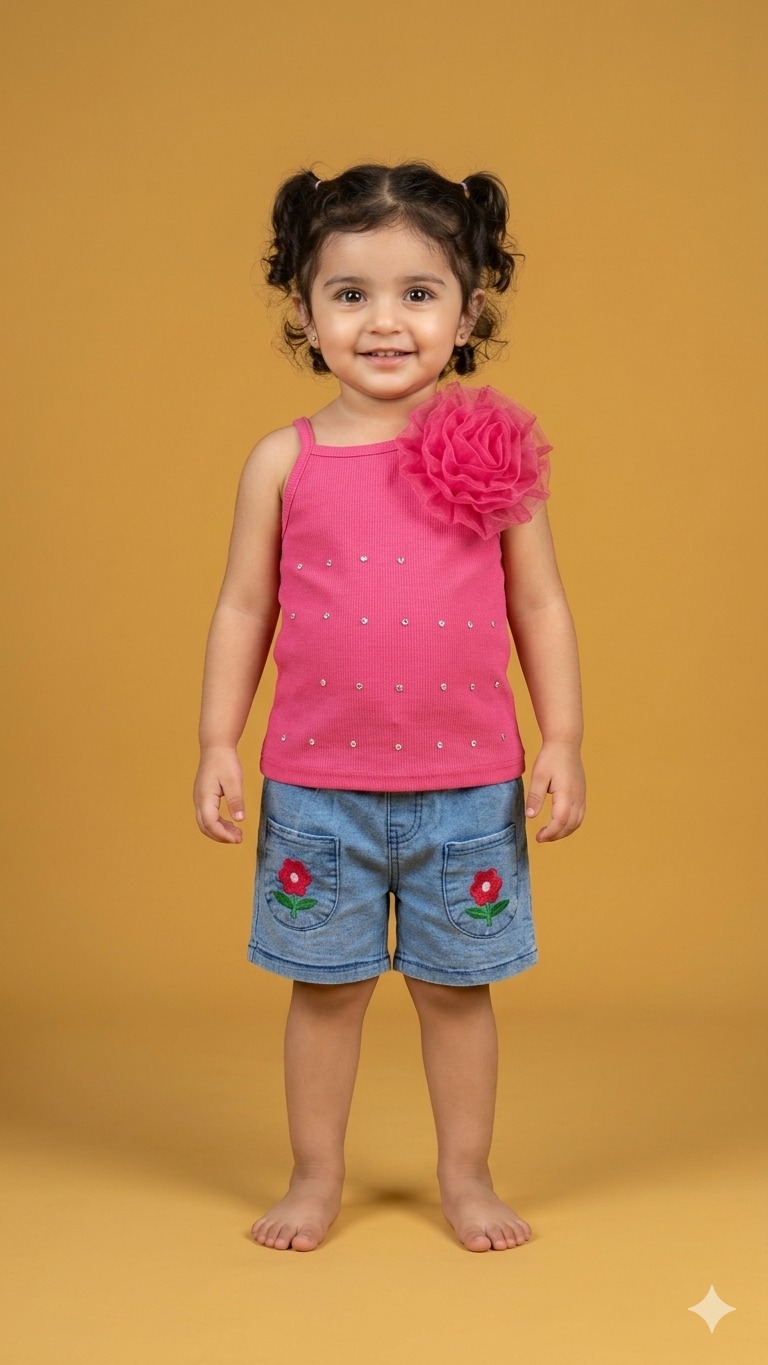 2-Piece Tunic and Shorts Set - Pink & Black Floral & Rhinestone - Ideal for a Toddler Girl Size: 6 months to 4 years