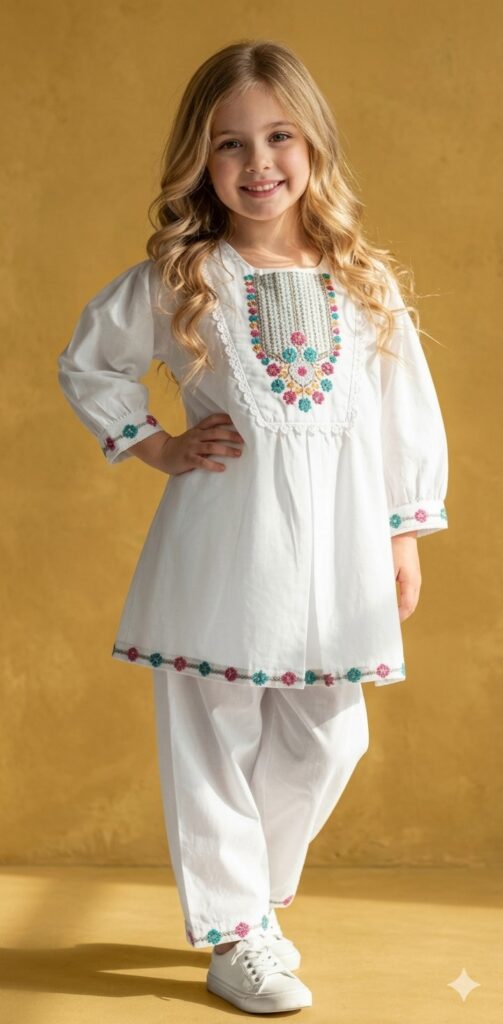 Pearl White Floral Embroidered Frock & Trouser Set