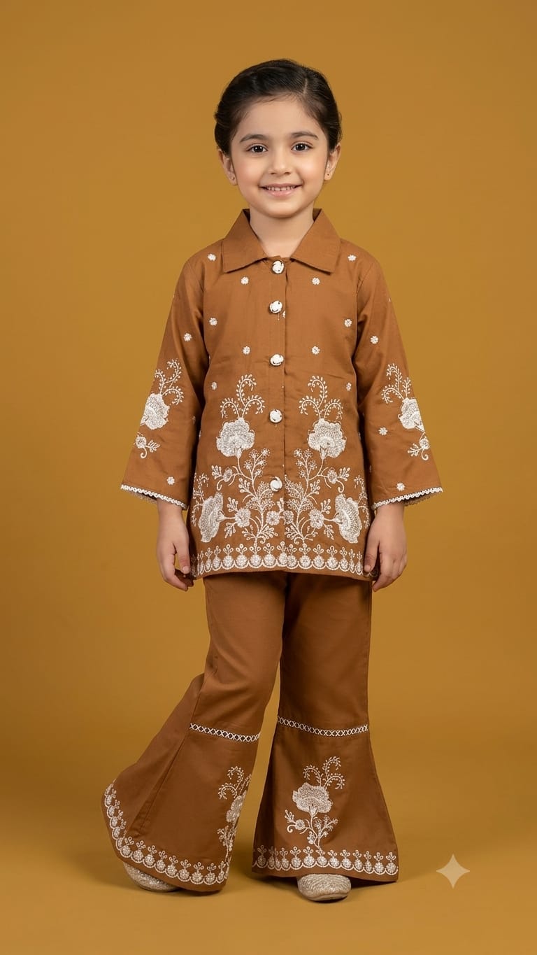 Elegant Floral Embroidered 2-Piece Co-Ord Set for Girls