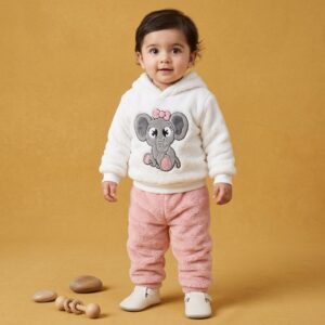 Baby Girls' Fuzzy Elephant Hoodie & Fleece Trousers Set