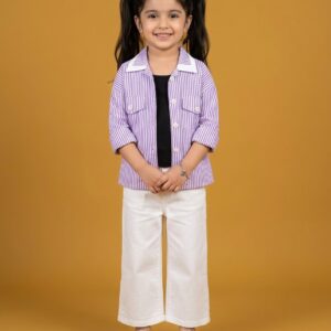 Premium 3-Piece Striped Button-Down Jacket Set for Girls